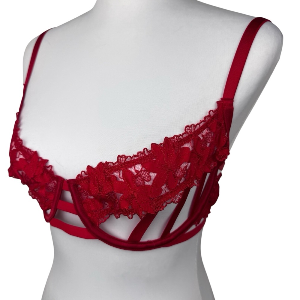 NWT Victoria's Secret Very Sexy Red Satin Ziggy Glam Floral Caged Lace Bra 34D - Picture 8 of 11